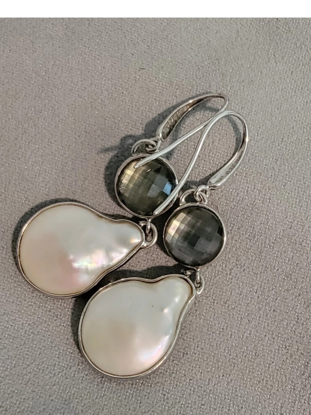 Sterling Silver White Pearl and Gray Stone Drop Earrings 10.3g
